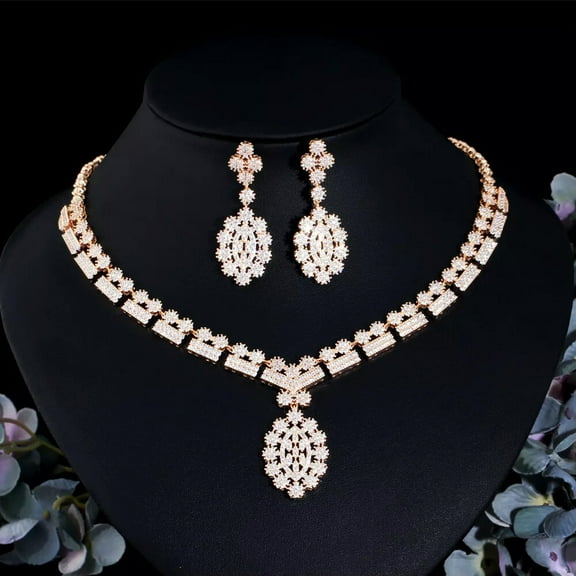 African Dubai Gold Color CZ Round Necklace Earrings Wedding Banquet Jewelry Set