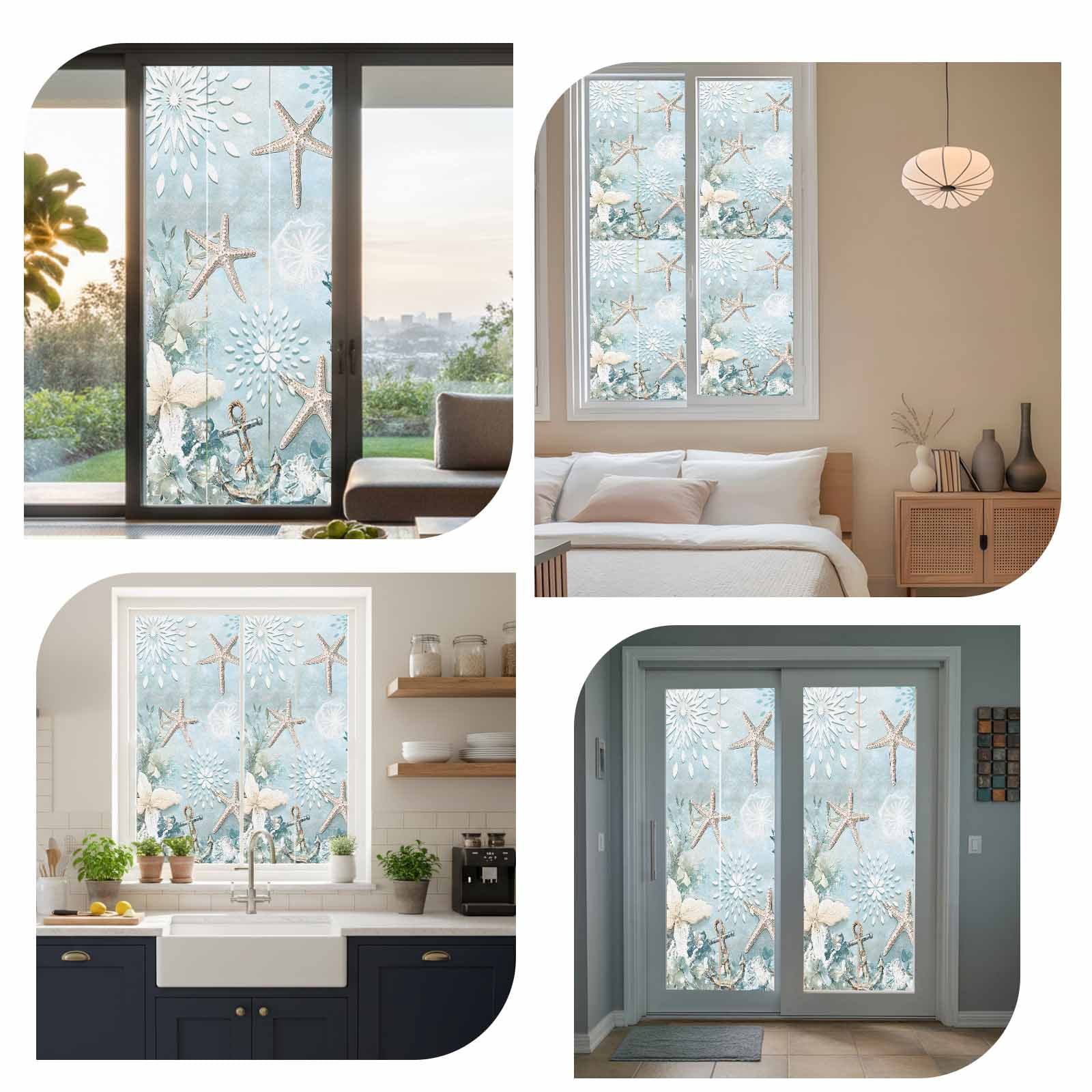 Teal Ocean Coastal Privacy Window Film, Decorative Frosted Glass Window Film, Summer Beach Nautical Coral Starfish Reusable Peel and Stick Static Cling for Home Bathroom Office Glass Door 23.6"x59"