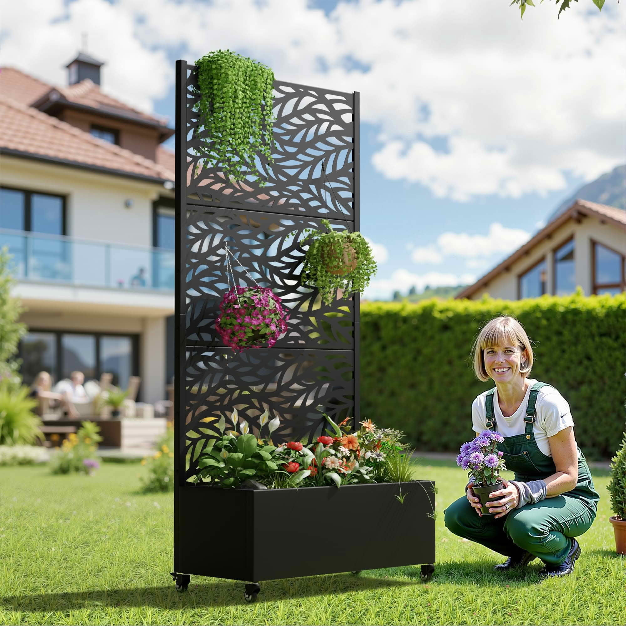MAYEERTY 72x35x16 Inch Black Metal Rectangular Planter Box with Trellis, 3 Piece Set for Outdoor Garden & Patio