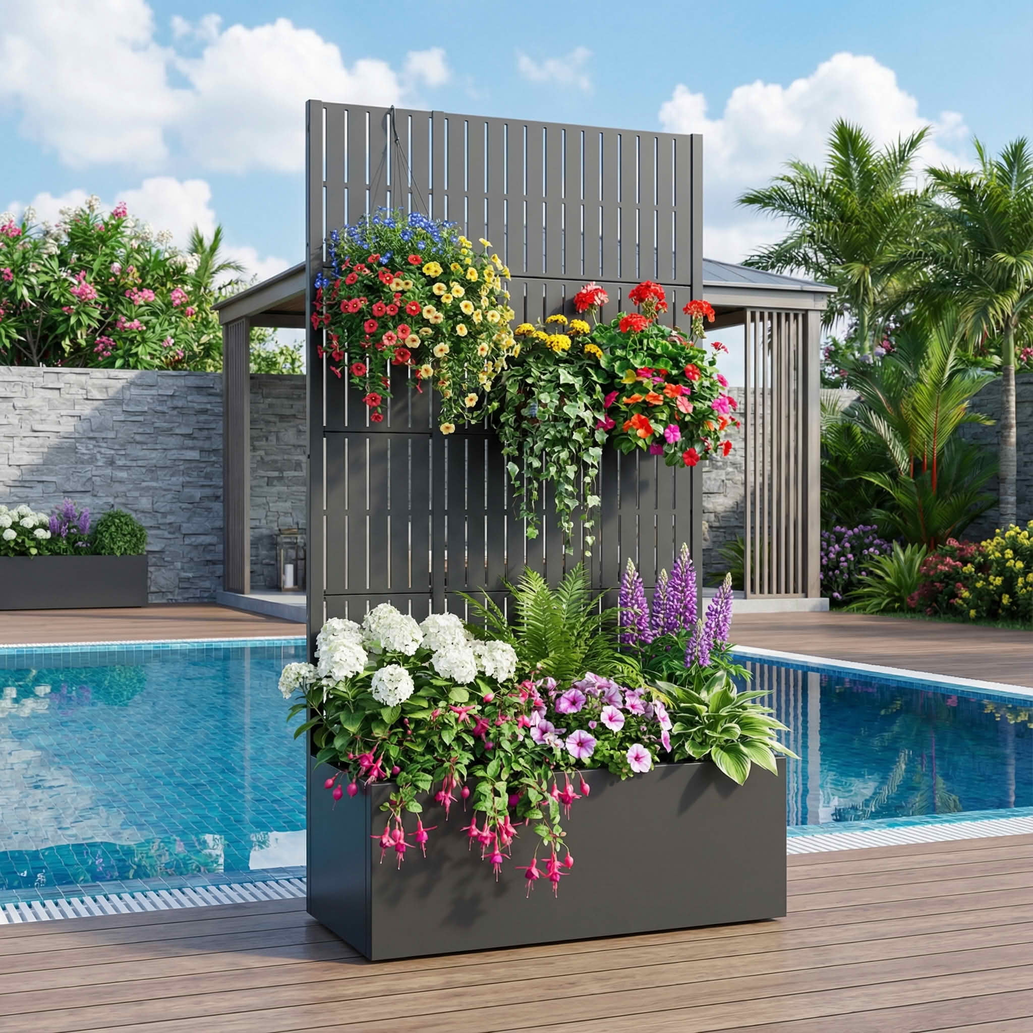MAYEERTY 59X30" Metal Outdoor Black Privacy Screen with Planter Box for Backyard & Garden, 4 Piece Set