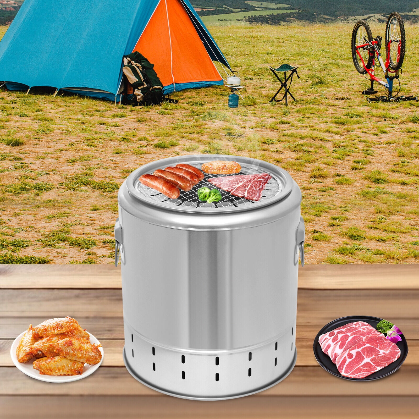 Miumaeov BBQ Cylindrical Bucket Charcoal Grill Portable Smokeless Barbecue Barrel Stainless