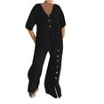 thumbnail image 5 of Scyoekwg Two Piece Outfits for Women Summer Cotton Linen Short Sleeve V-Neck Button Tops Wide Leg Pants Casual Trendy Sweatsuits Sets Loose Solid Color Outfits (Black,XXL), 5 of 8