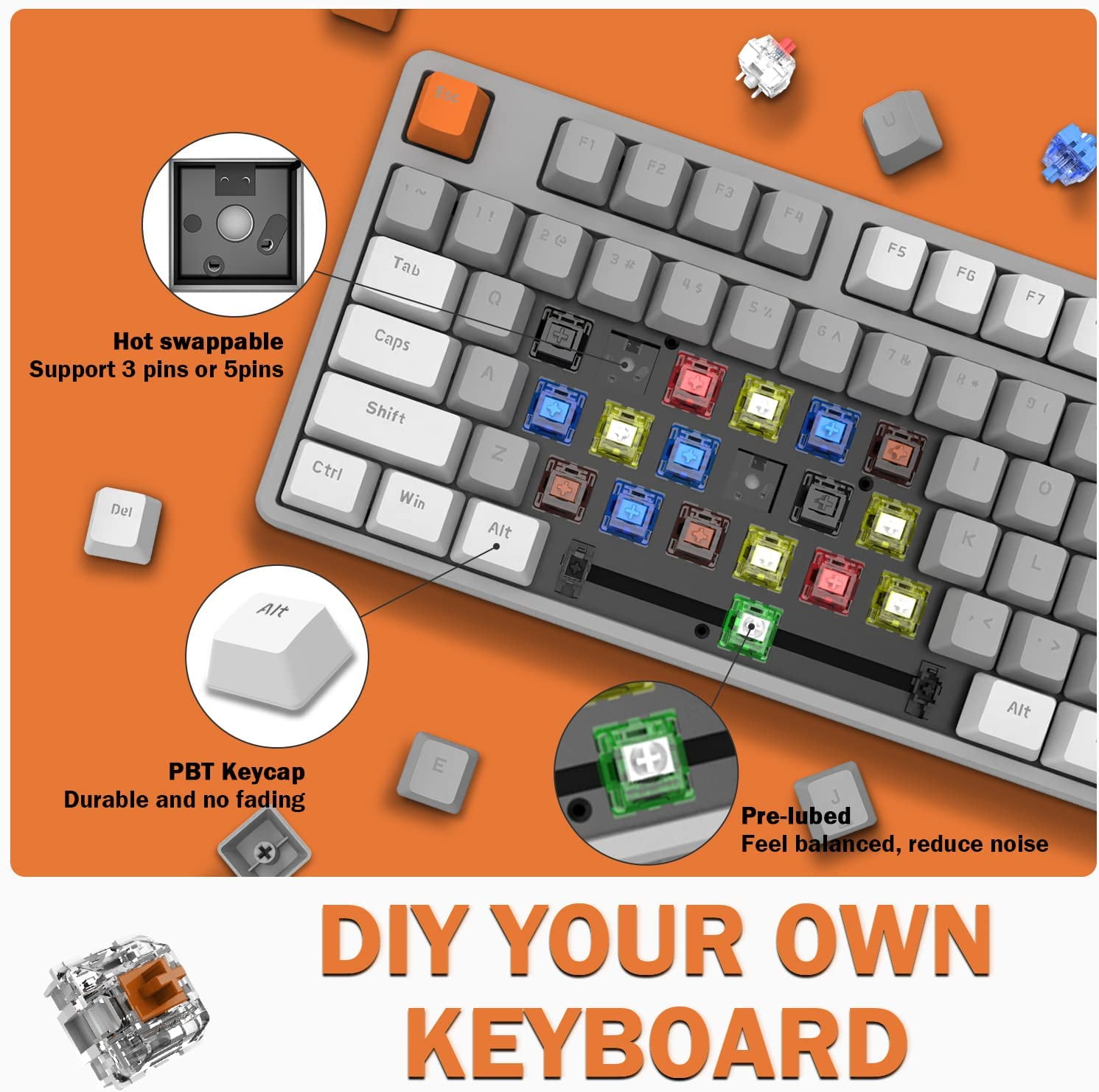 Ajazz AK873 Wired Hot Swappable Mechanical Keyboard, Coiled Cable