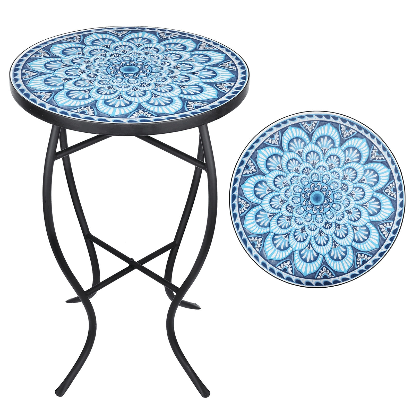 VCUTEKA Patio Side Table Plant Stands Outdoor Accent Table Small Mosaic Table Glass Top Round Balcony Coffee Table 