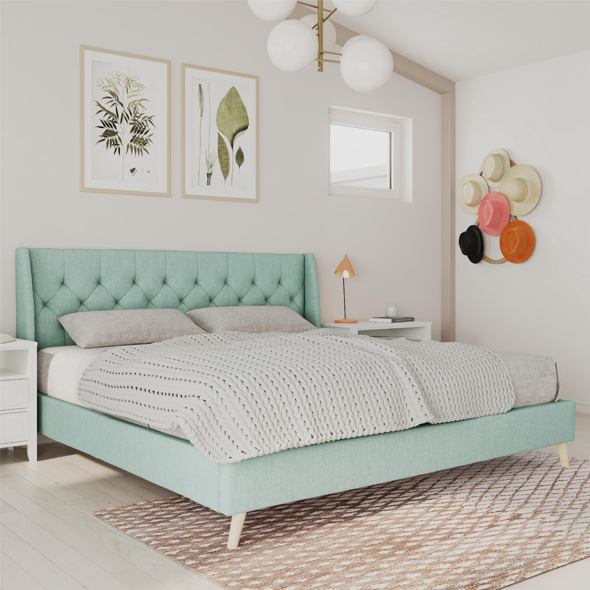 Novogratz Her Majesty Tufted Upholstered Bed Frame, King, Light Green Linen