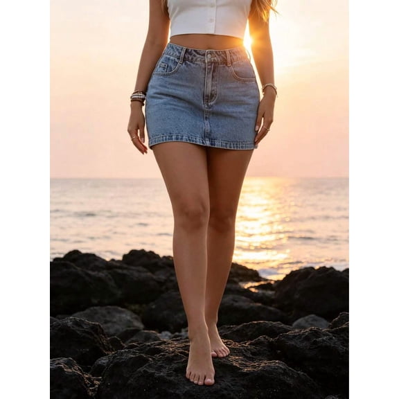 Women High Waist A Line Mini Jean Skirt With Pockets, Vintage Washed Straight Short Denim Skirt Casual Basic Bottoms For Summer