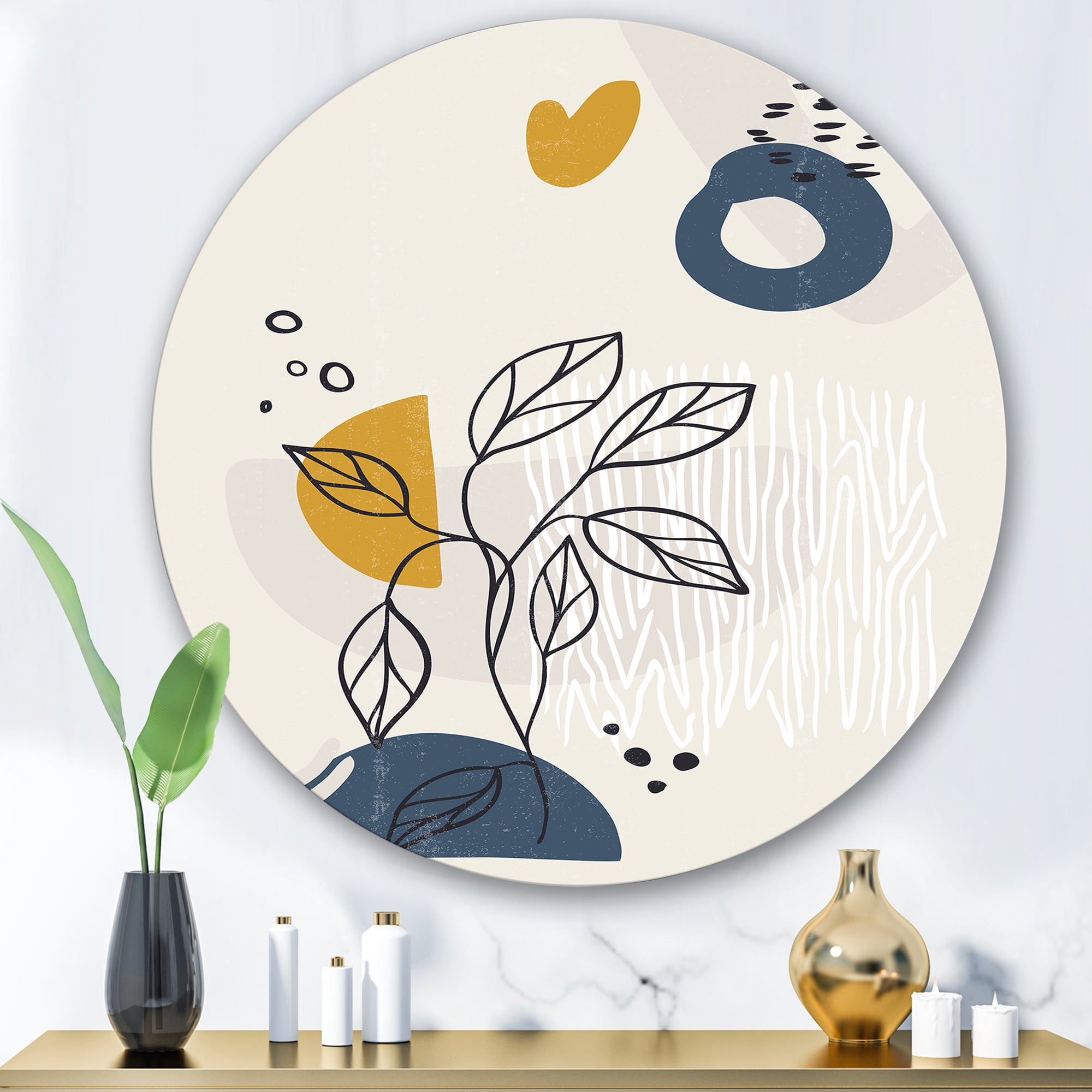 Designart 'Ancient Boho Art Minimalistic Flowers II' Modern Circle Metal Wall Art 36x36 - Disc of 36