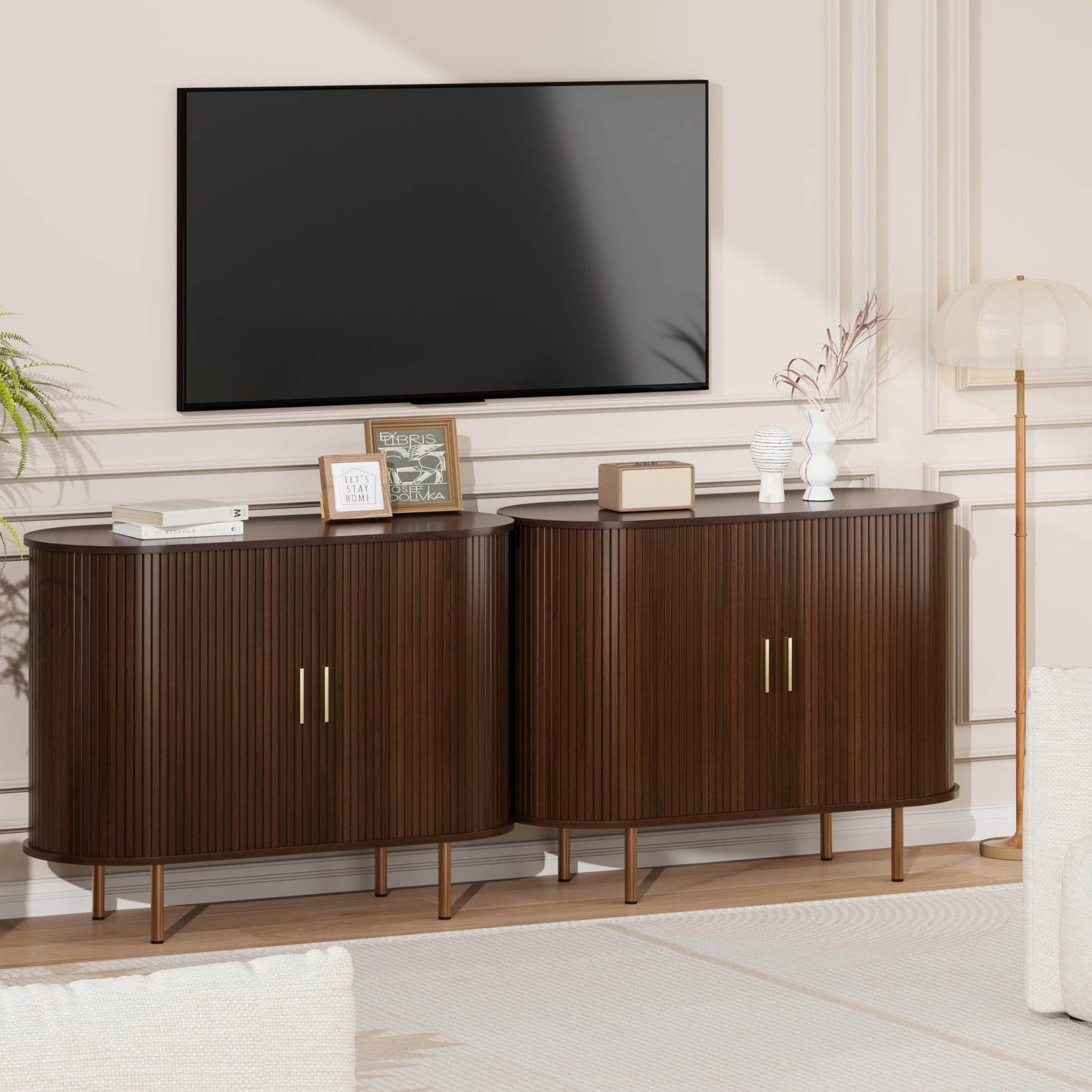 Mid Century Modern Sideboard Buffet Cabinet, 39 Inch Fluted Coffee Bar Console with Tambour Sliding Doors, Walnut