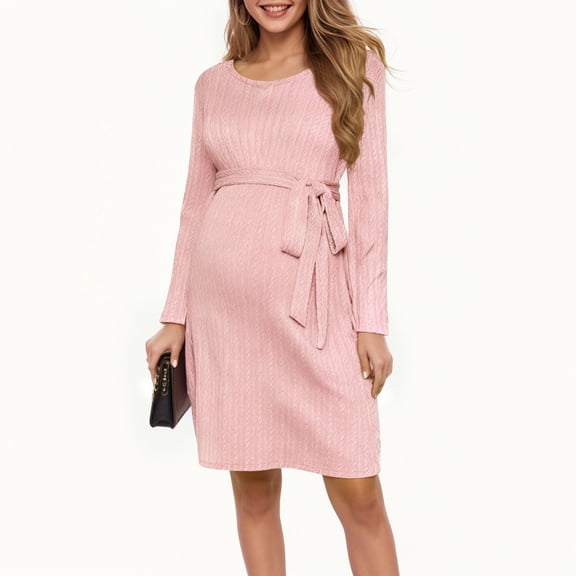 Modstep Women's Long Sleeve Maternity Sweater Dress Spring Fall Crew Neck Belt Midi Dresses for Daily Home and Outdoor Pink L
