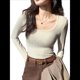 thumbnail image 2 of Camisetas de Larga para Mujer, Blusas de Cuello Cuadrado, Blusas Básicas de Punto Acanalado, Conjuntos de Otoño, Ropa de Moda Albaricoque XXL, 2 of 7