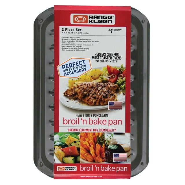 Range Kleen BP106X black porcelain 2-piece air fry, bake, and broil pan junior size with packaging highlighting durability, dishwasher safe feature, perfect for toaster ovens.