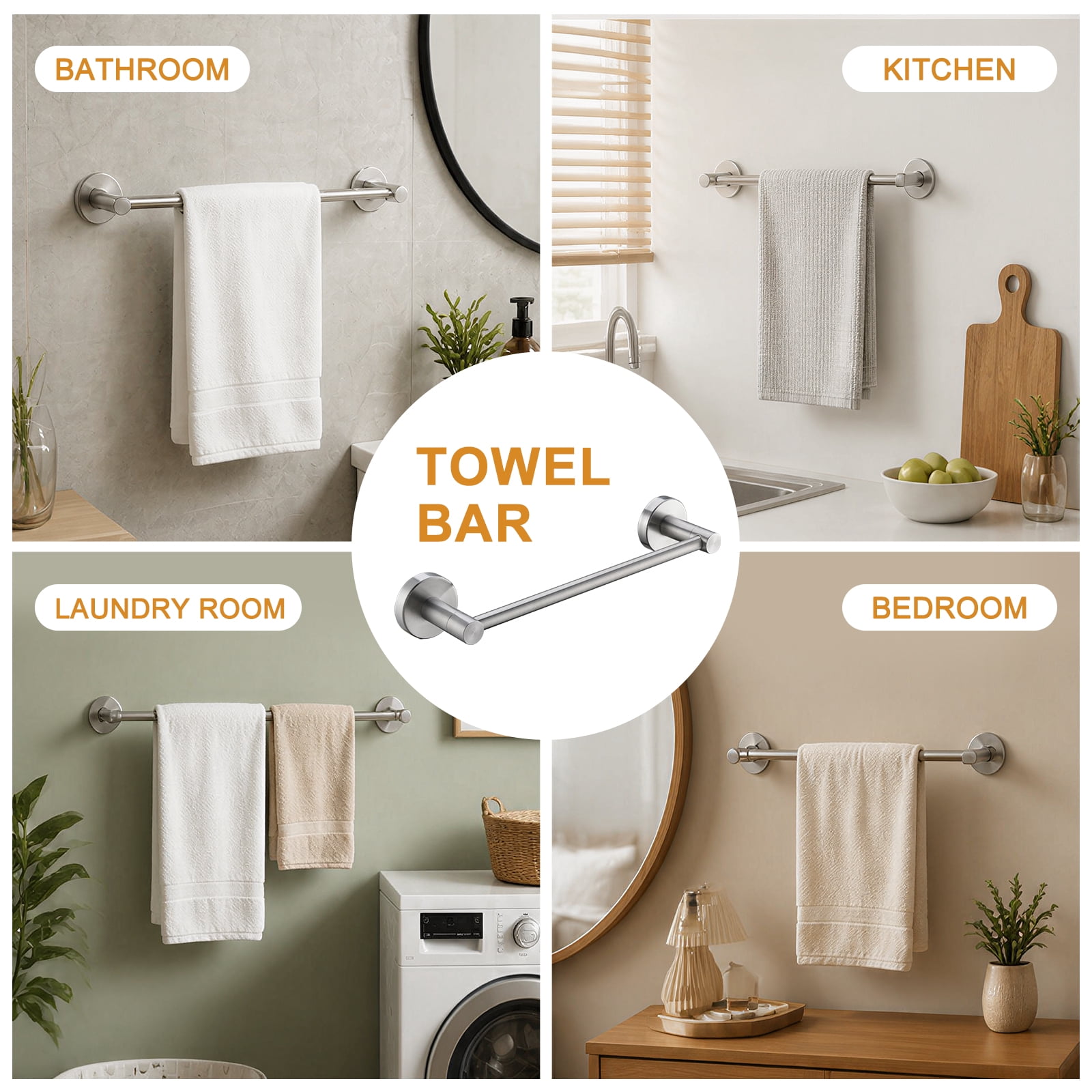 4-Piece Brushed Nickel Stainless Steel Bathroom Hardware Set, Towel Bars, Toilet Paper Holder & Robe Hook Wall Mount Bathroom Accessories Kit