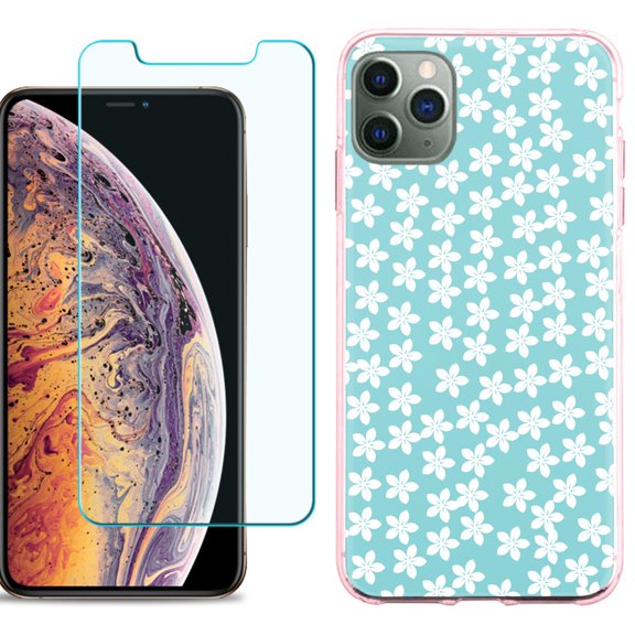 For Apple iPhone 11 Pro Max Case , Slim-Fit TPU Protective Phone Case (Pink Bezel) with Tempered Glass Screen Protector, by OneToughShield ® - Flower/Teal