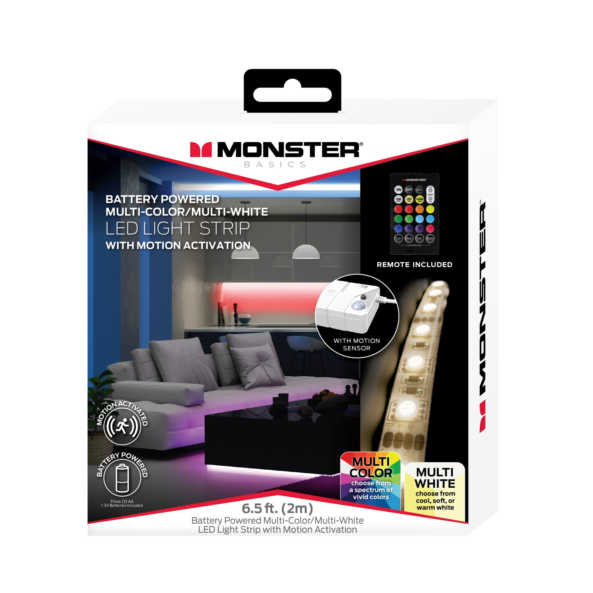 Monster LED 6.5ft Motion Activated Multicolor/Multi-White Light Strip, 2.5 Watts