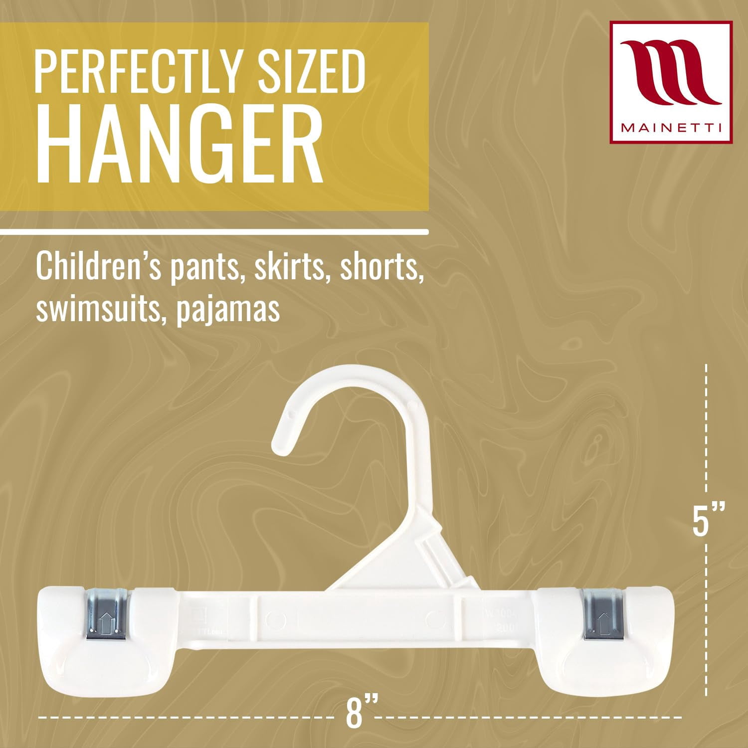 Mainetti Kids White Plastic Hangers 100 Pack | 8-Inch Pants Hangers with Clips Made from Sturdy Plastic | Great for Pants, Skirts, Slacks, Bottoms