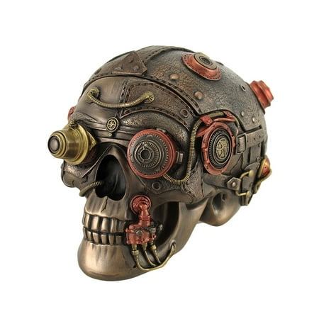 Bronze Finish Leather Look Gearhead Steampunk Skull Trinket/Stash Box