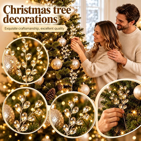 50Pcs Christmas Sparkling Crystal Decorative Stems, Acrylic Bead Tree Picks, Bendable Floral Sprays for Christmas, Wedding, Table Centerpieces & DIY Craft Projects