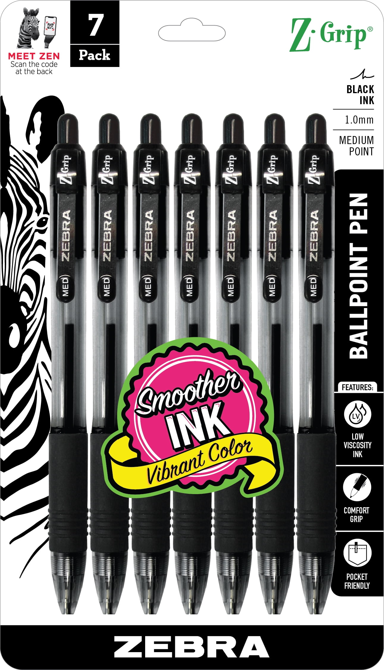 Zebra Pen Z-Grip Retractable Ballpoint Pen, 1.0 mm, Black Ink, 7-Pack