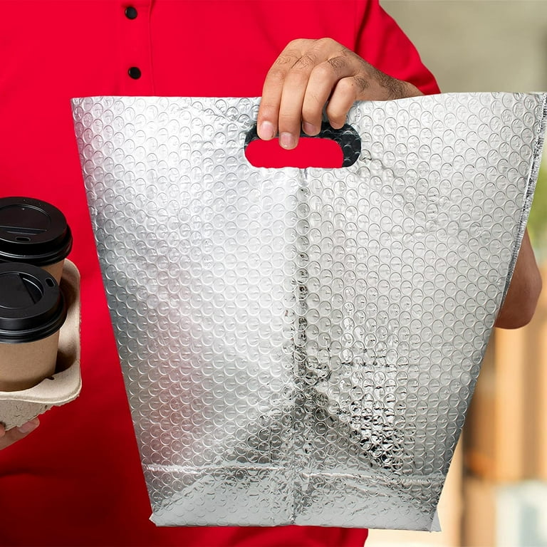 Insulated Foil Bag with Handles 6 x 6 x 6 Inches. 50 Pack Thermal Bags for Frozen Food. Metallized Foil Insulated Box Liners with Bubble Cushion.