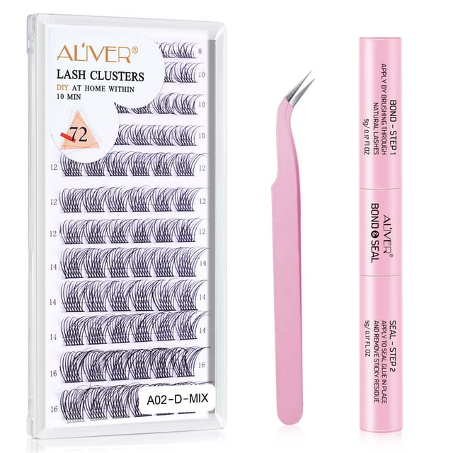 DIY Lash Extension Kit, Lash Cluster 72 Pcs with 72h Strong Hold Lash Bond and Seal + Cluster Eyelashes Applicator Tool Eyelash Extensions Kit for Self Applicator at Home