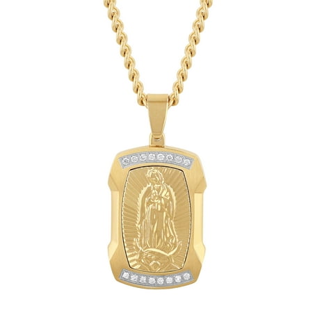 Mens 1/4 ctw Lab-Grown Diamond Gold-Tone Stainless Steel Virgin of Guadalupe Medallion Pendant Necklace