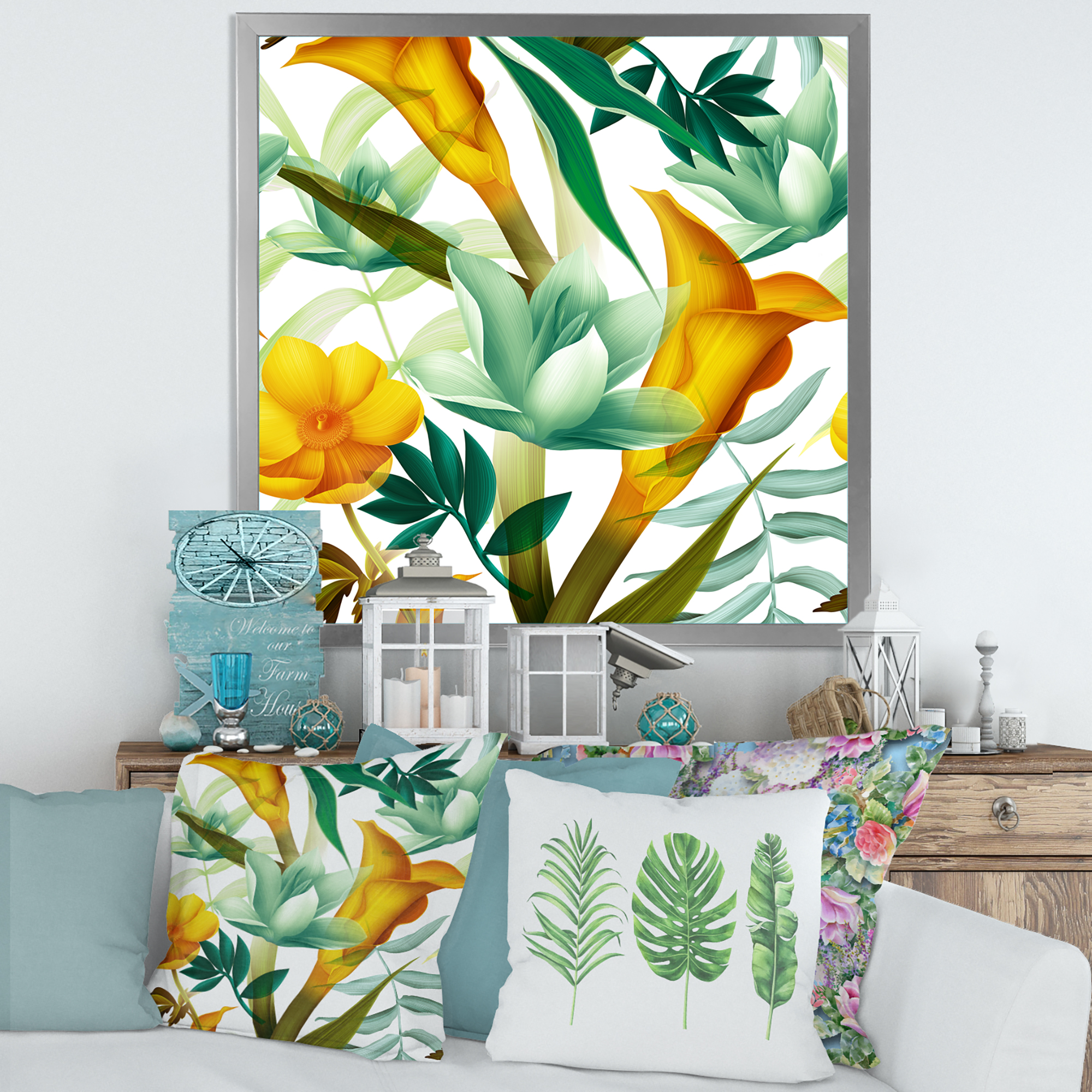Designart 'Yellow Flowers and Tropical Foliage III' Modern Framed Art Print