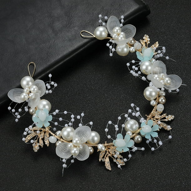 Nvzi Horquillas para el pelo de boda con flores para novias, peinetas con perlas de cristal, pinzas para el pelo, accesorios para el pelo de boda dorados, joyas, azul y verde