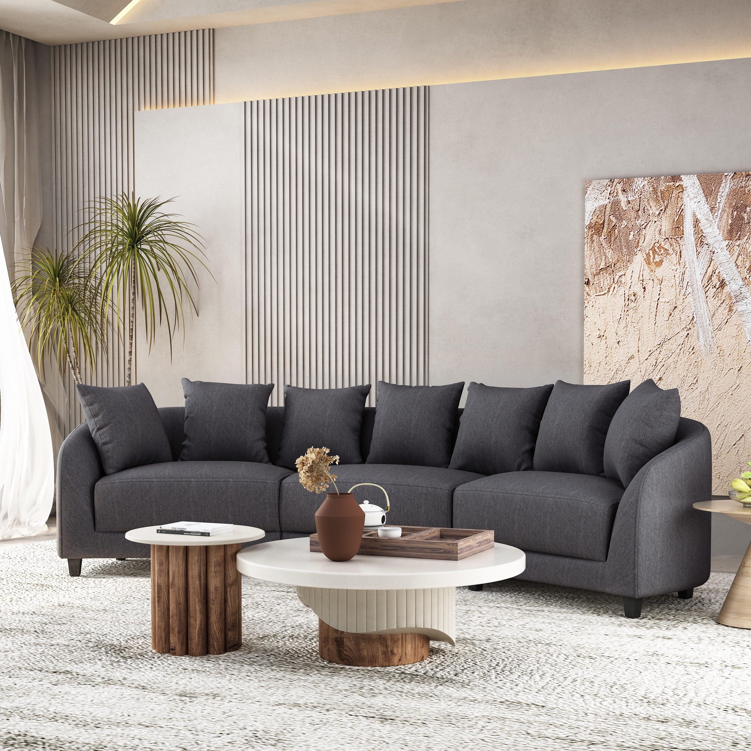 Noble House Raintree Indoor Contemporary Fabric 3 Seater Curved Sectional Sofa, Charcoal