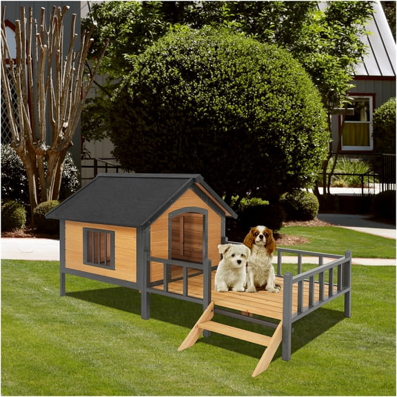 JERFIT Large Outdoor Dog House with Porch, Weatherproof Wooden Dog Kennel with Anti-Chew Iron Frame, Raised Cabin Shelter for Medium to Large Dogs, Honey Brown