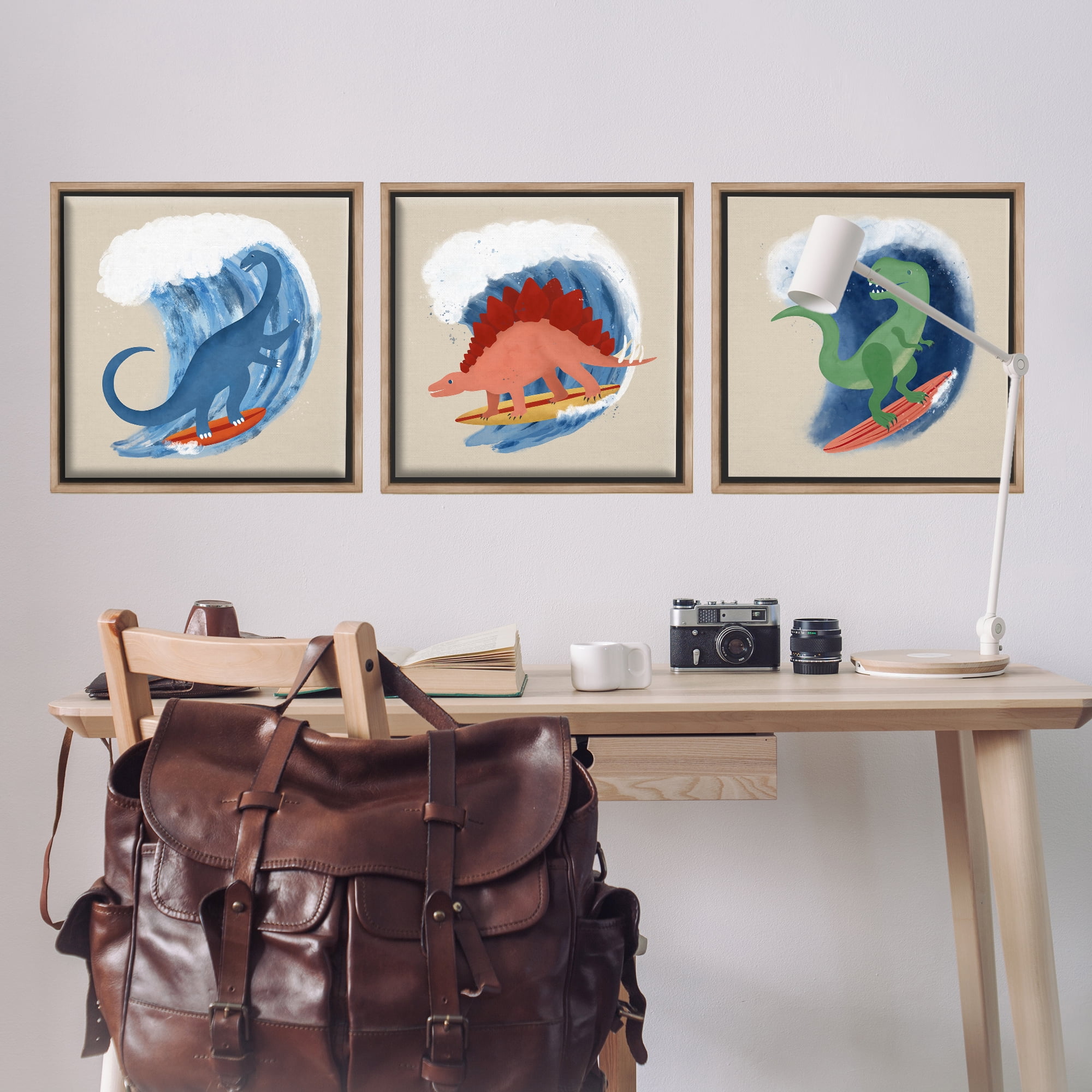 Stupell Industries Dinos Surfing Beach Waves Animals Painting Brown Floater Framed Canvas Art Print Wall Art, 25 x 25, Set of 3