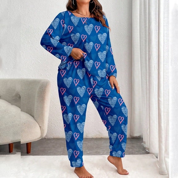 Youpwaven Women's Plus Size Valentine's Day Heart Print Pajamas Set Crew Neck Tops with Tapered Leg Loose Pants Long Sleeve Loungewear Cute Relaxed Fit for Valentine Nights, Blue, Size XXL