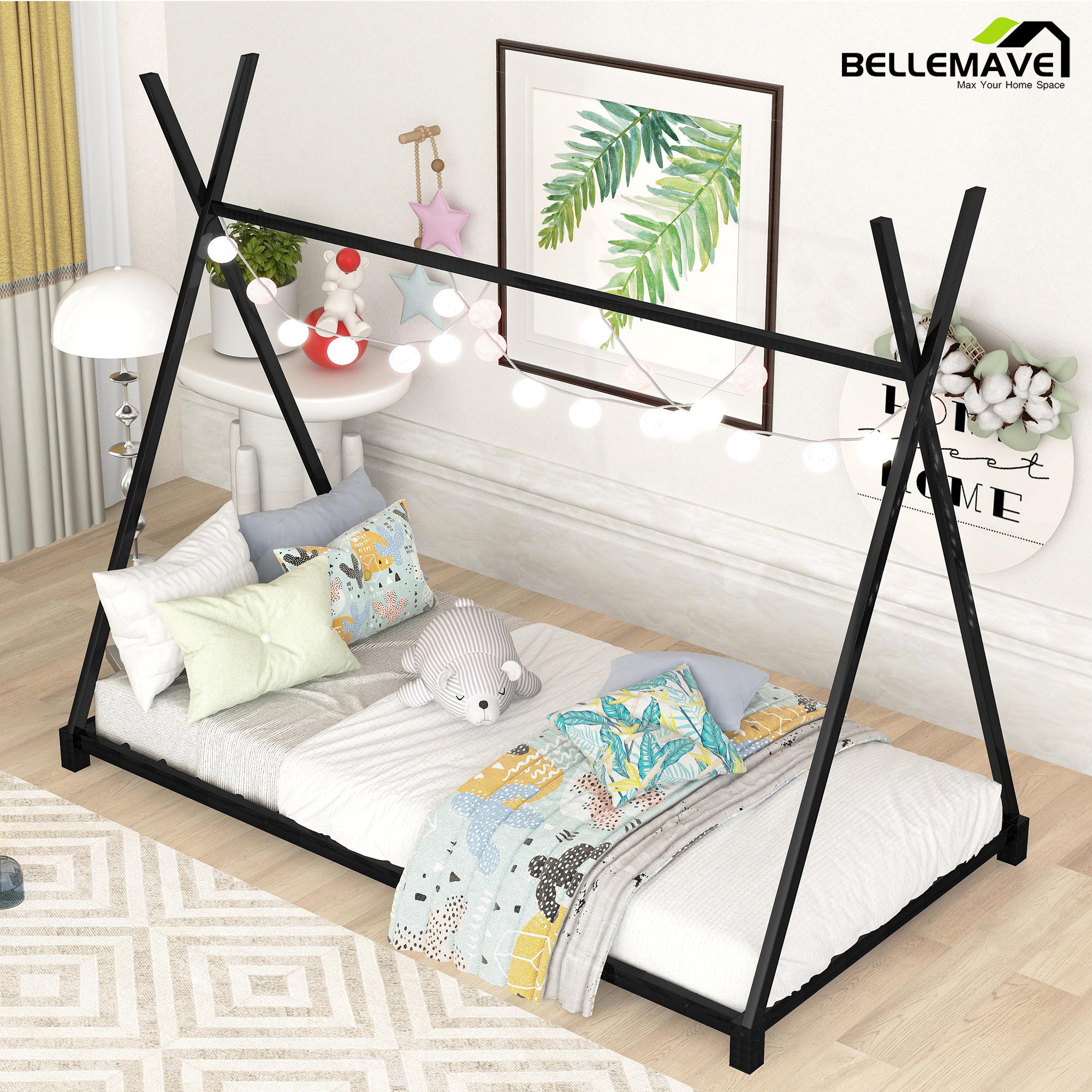 Bellemave Twin Size Montessori Floor Bed Metal Tent Bed Frame with Triangle Structure and Slat Support House Bed Teepee Bed Frame, No Box Spring Needed, Black