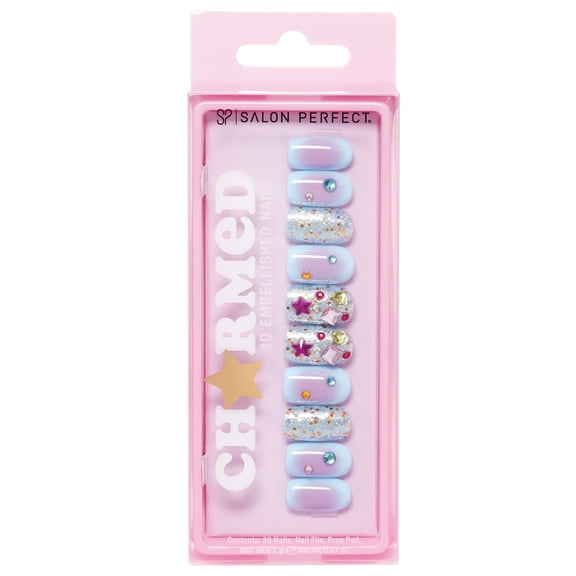 Salon Perfect Artificial Fake Press On Nails, 481 Charmed Aura, Short Square, File, Glue and Prep Pad Included, 30 Nails