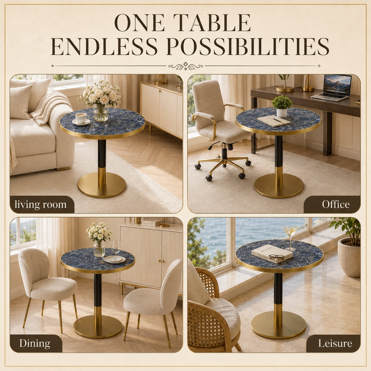 Aukfa 31.5" Round Sintered Stone Dining Table for 2-4, Kitchen Table Tulip Table with Gold Pedestal Base for Bistro Small Apartment,Sapphire Blue