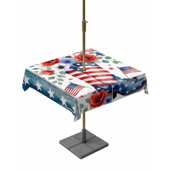 Outdoor Tablecloth with Umbrella Hole for Patio/Picnic/Party/Camping, Independence Day Waterproof Table Cloth Square Cover Washable, American Flag Boots Red Blue Flowers Stars (54"x 54")