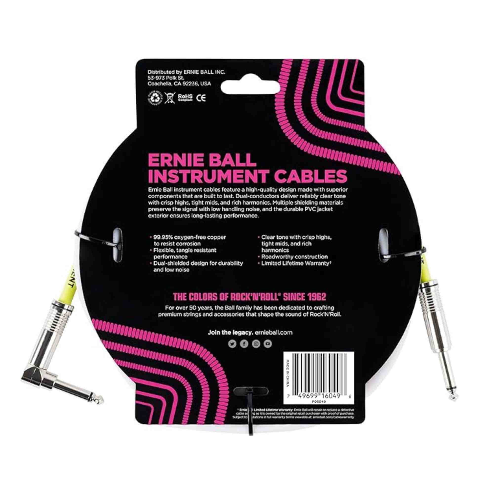 Ernie Ball Instrument Cable, Straight/Angle White, 10Ft