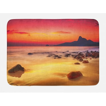 Ocean Bath Mat, Digital Photo of Mystical Sunrise over the Sea with Stones and Cliffs Idyllic Spot, Non-Slip Plush Mat Bathroom Kitchen Laundry Room Decor, 29.5 X 17.5 Inches, Orange Yellow, Ambesonne