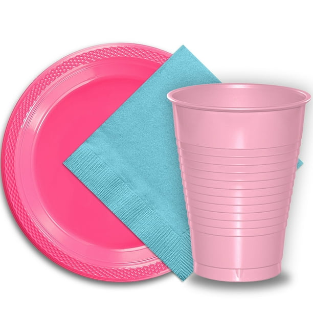 50 Hot Pink Plastic Plates (9"), 50 Pink Plastic Cups (12 oz.), and 50