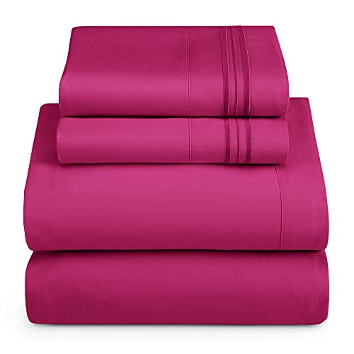 Hearth & Harbor Draps Très Grand Size - Ensemble de Draps 4 Pcs, Draps de Lit Double Brossé de Luxe Hôtel - Draps et Taies d'Oreiller Extra Doux, Très Grand, Magenta