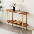 thumbnail image 1 of Rectangle Coffee Table Mid-Century Modern Design L W x H for Living Room - Structure Amber Glass Top and Walnut MDF Shelf Sleek Conical Metal Legs with Gold Finish, 1 of 9
