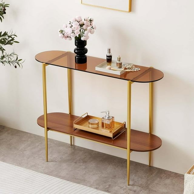 Rectangle Coffee Table Mid-Century Modern Design L W x H for Living Room - Structure Amber Glass Top and Walnut MDF Shelf Sleek Conical Metal Legs with Gold Finish