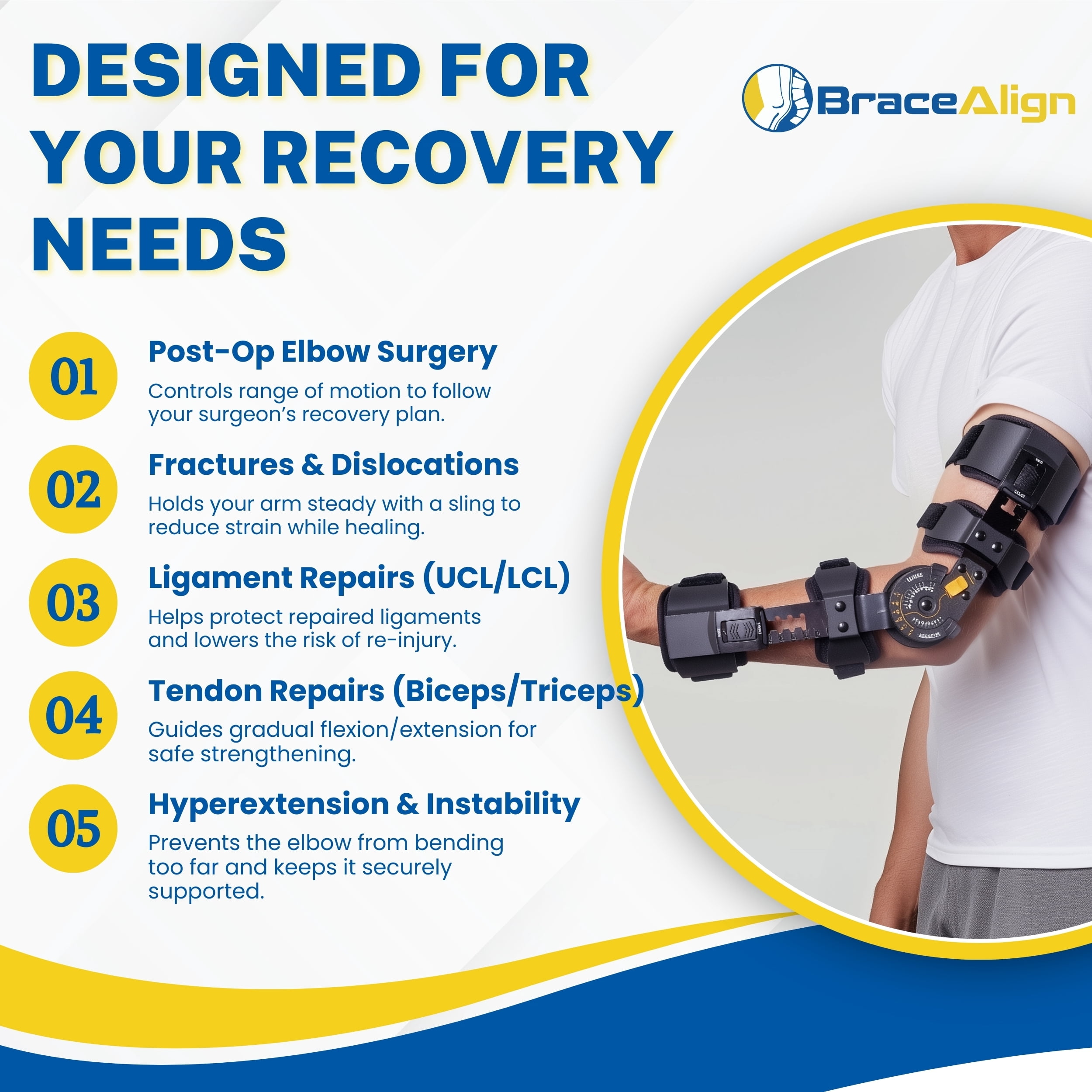 Brace Align FlexRecover Hinged ROM Elbow Brace with Sling – Adjustable Post-Op Elbow Support