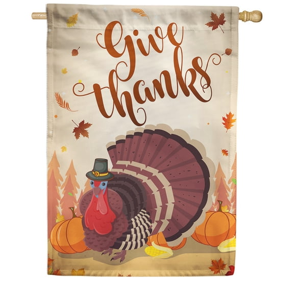 America Forever Give Thanks House Flag, 28 x 40 inch Double Sided, Thanksgiving Turkey Banner, Fall Pumpkin Decoration, Autumn Seasonal Outdoor Decor, Holiday Yard Flag