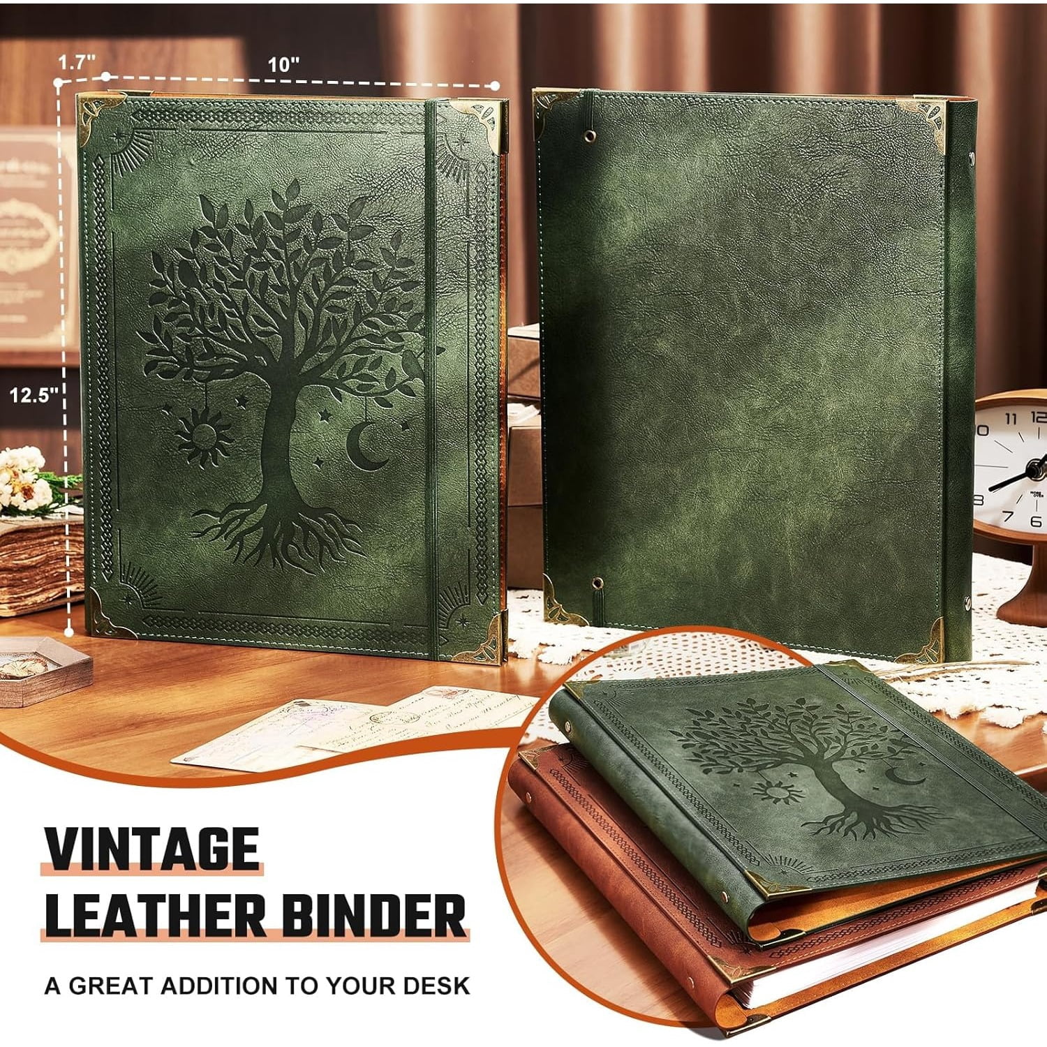 Leather Suitable for 8.5-inch X 11-inch Letter-sized Paper, 1-inch Round Ring Binder Can Hold 200 Sheets, Notebook Cover Loose-leaf Organizer, Green Tree