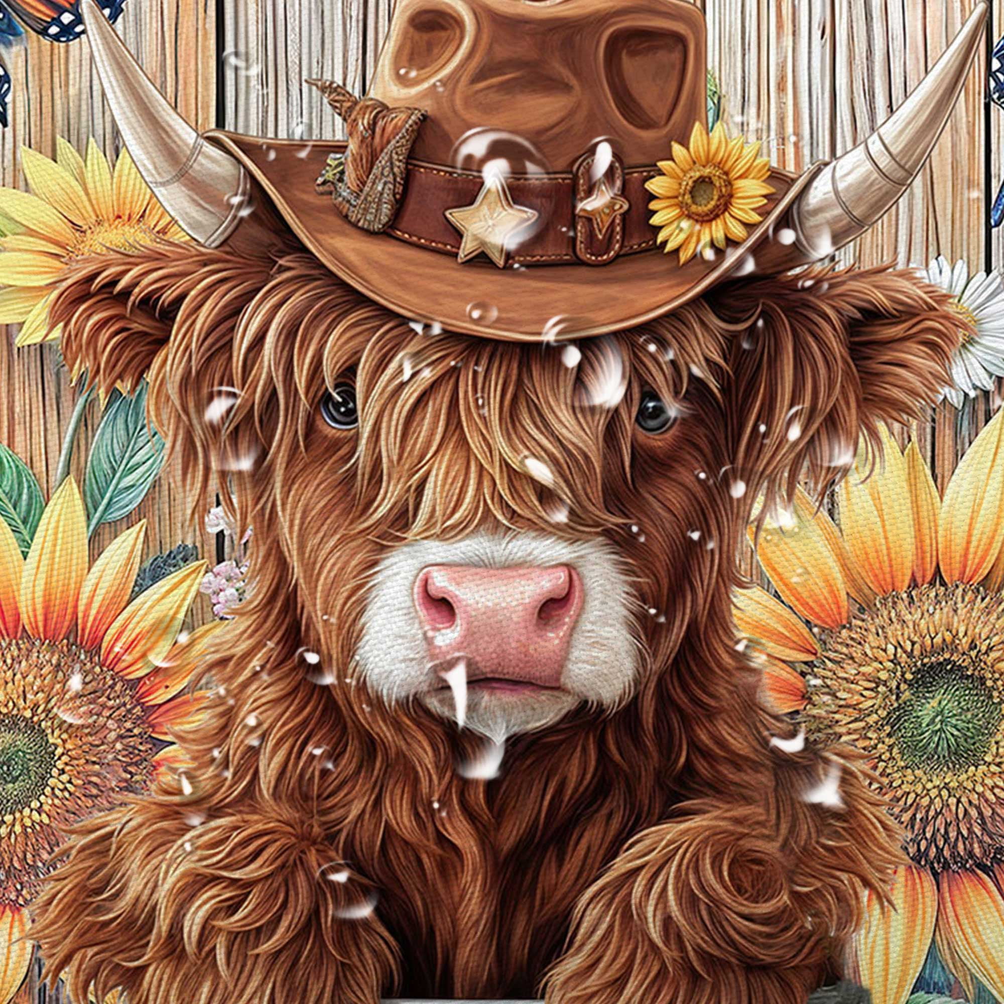 Highland Cow Shower Curtain, Farmhouse Sunflower Country Rustic Bull Cute Western Farm Cattle Wooden Board Fabric Cloth Shower Curtains Wild Animal Hunting Bathroom Accessories with Hooks,72X72in