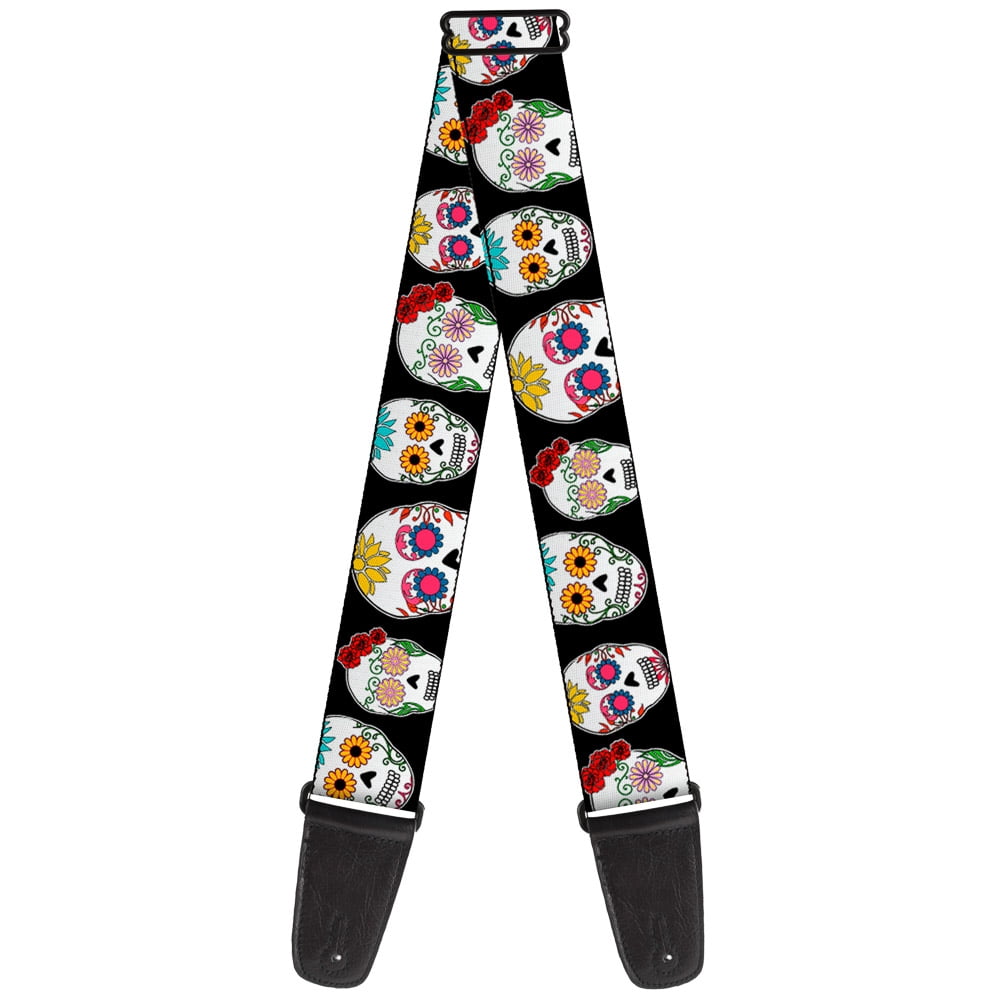 Buckle-Down Guitar Strap, Staggered Sugar Skulls Close Up Black Multi Color, 2 Inches Wide