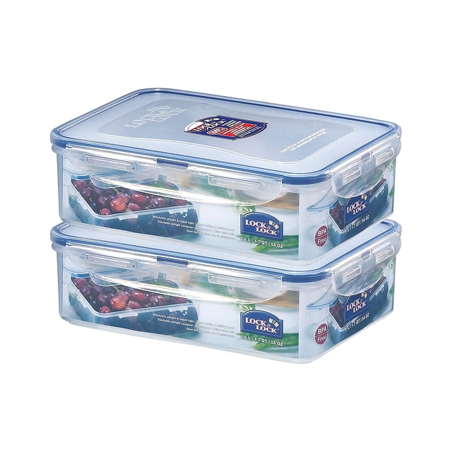 Lock & Lock Classics Recipientes herméticos rectangulares de plástico para almacenamiento de alimentos con tapa a prueba de fugas, 1,6 litros, juego de 2 transparentes (HPL824 x 2)