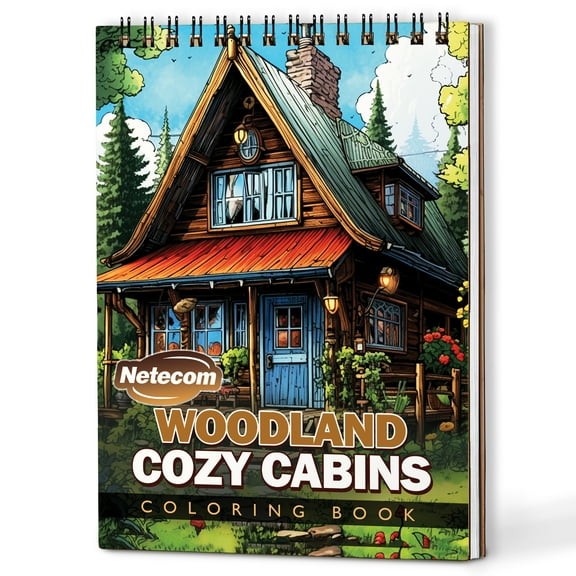Netecom Woodland Cozy Cabins Coloring Book Spiral Bound for Adults, A5 Wooden Cover, 30 Rustic Coloring Pages with Beautiful Landscapes and Tranquil Natures for Stress Relief and Relaxation