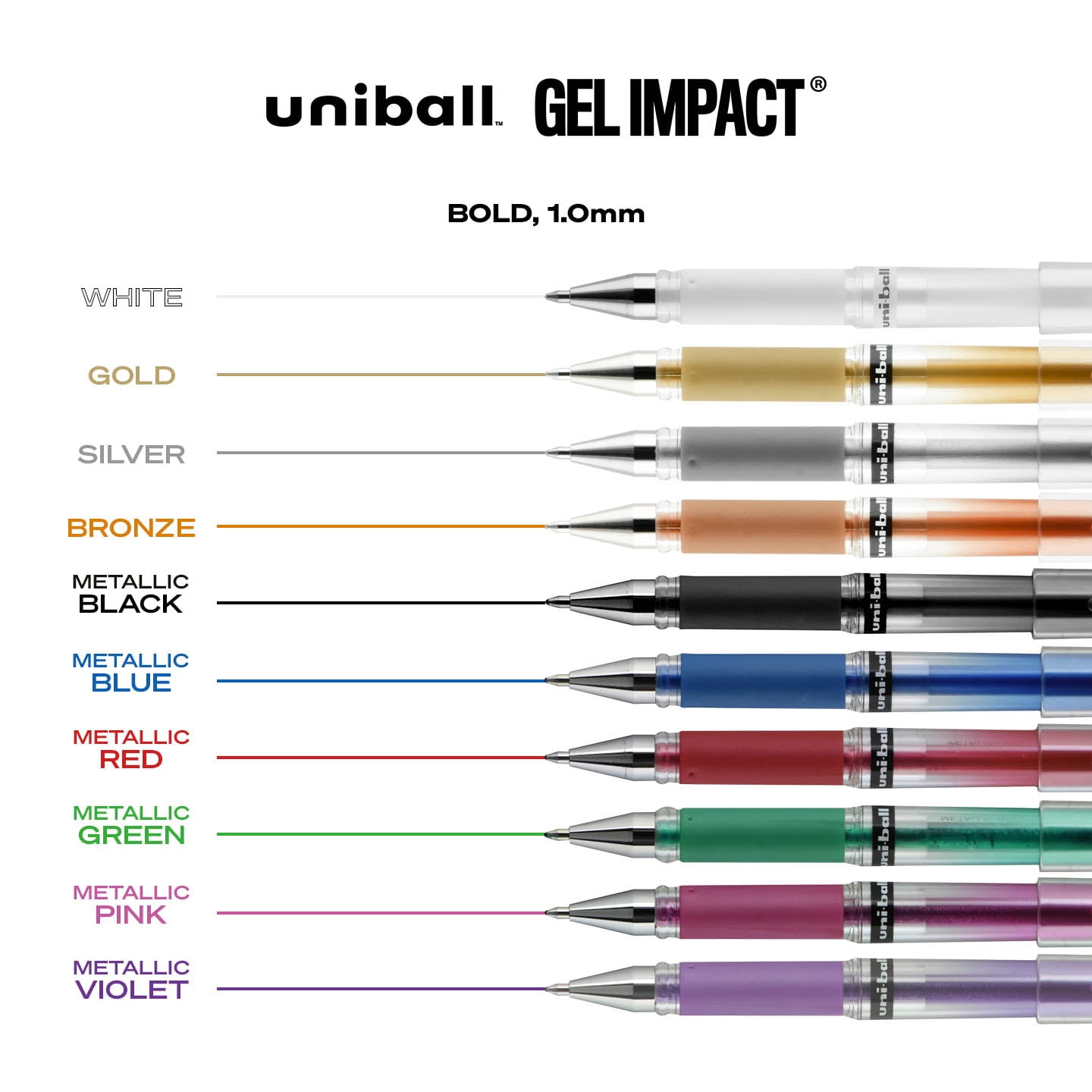 uniball™ Signo Gel Impact Pens, Bold Point (1.0mm), Assorted Metallic, 10 Pack