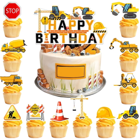 13 Pcs Construction Cake Topper Set-Construction Birthday Cake Topper & Construction Cupcake Toppers/Excavator Cupcake Toppers for Construction Birthday Party Supplies